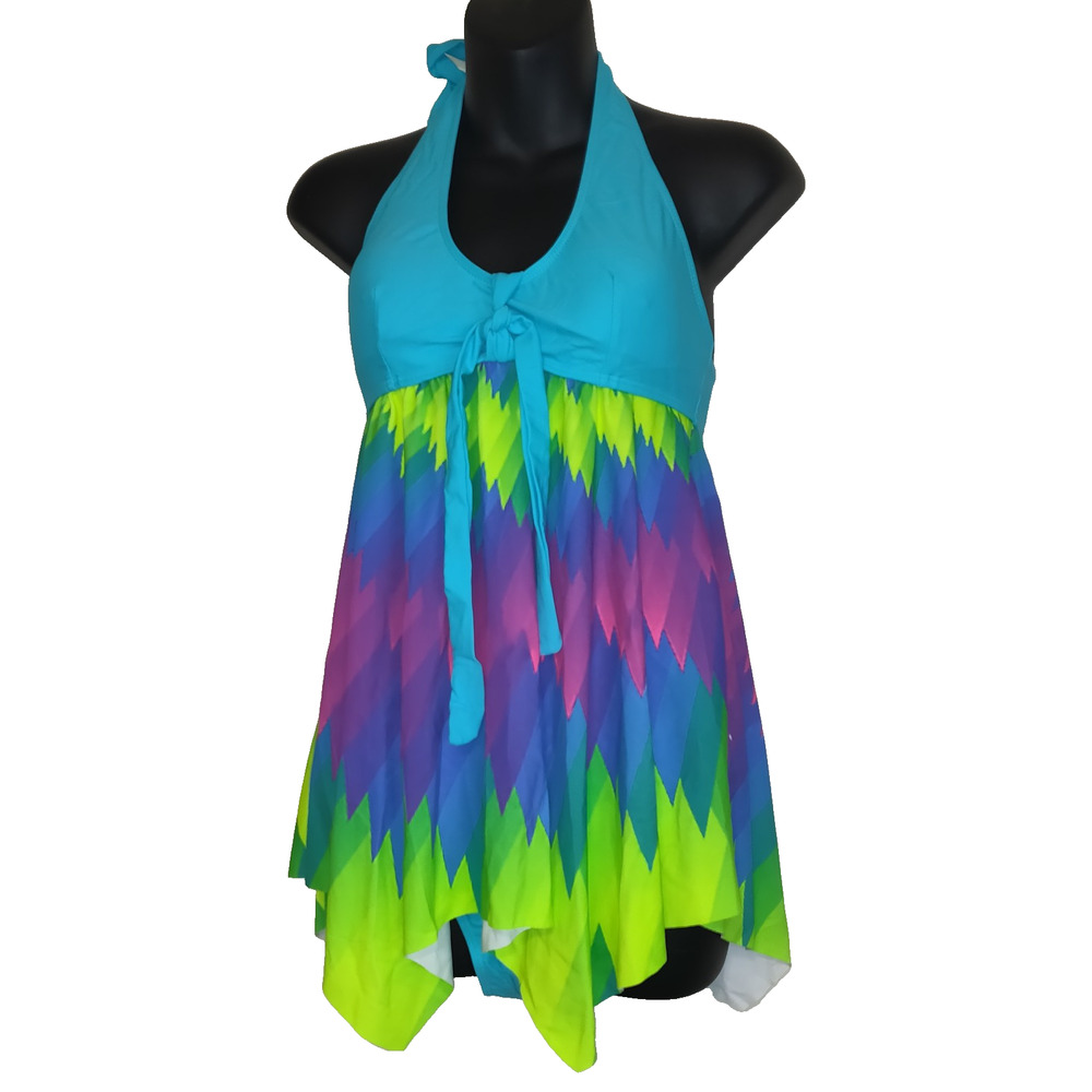 Turquoise Rainbow Swimsuit Dress Top 2 Piece Hippie Sz M NEW with Imperfections